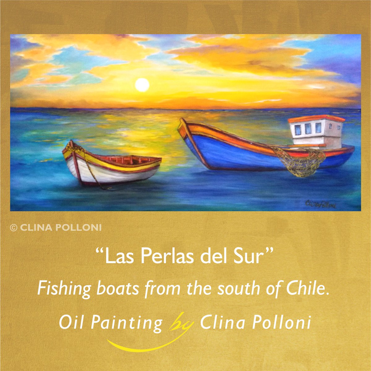 Las Perlas del Sur.
By Clina Polloni. Seascape of fishing boats from the south of Chile. 
#fishingboats #lanchaschilotas #chile #seascape #chileansea #artisanalfishing #wakeforest #oilpainting #thecottonco #clinapolloni 
clinapolloni.com/lanchas-chilot…