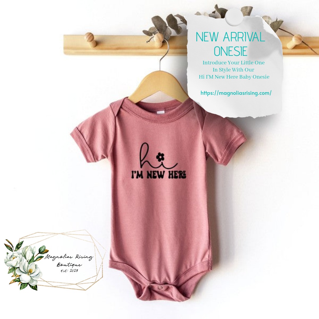 Our Hi I'm New Here Baby Onesie! This one-piece garment is made from 100% cotton and is ultra-comfortable for your baby's delicate skin. #womanowned #veteranowned #smallbusiness #babyclothing #babystuff #babyfashionista