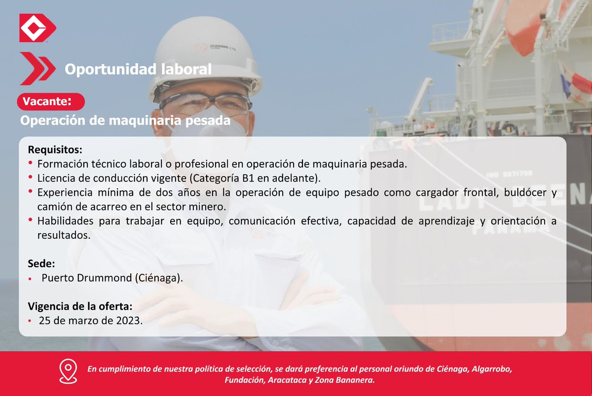 DrummondLtdCo's tweet photo. 💼#Empleo: ¡Abrimos una vacante para Operación de maquinaria pesada!
Si cumples con los requisitos postúlate aquí: https://t.co/vvrDRDfZ5o
¡RT para que todos se enteren de esta #OportunidadLaboral! https://t.co/34IyBLhuo9