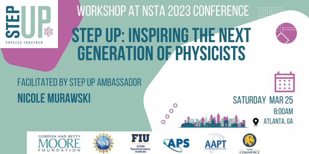 STEP UP (@stepupphysics) on Twitter photo R u traveling to Atlanta for #NSTA2023? check out STEP UP workshop. Ambassador <a href="/physicsnico/">Nicole Murawski 🚀 🌎 🏳️🌈 🇺🇸 🇺🇦 (she/her)</a> will talk about the STEP UP materials & u will learn about actions u can take every day to support cultural change ur classroom & the field of physics.
#iteachphysics #HighSchoolTeacher R u traveling to Atlanta for #NSTA2023? check out STEP UP workshop. Ambassador <a href="/physicsnico/">Nicole Murawski 🚀 🌎 🏳️🌈 🇺🇸 🇺🇦 (she/her)</a> will talk about the STEP UP materials & u will learn about actions u can take every day to support cultural change ur classroom & the field of physics.
#iteachphysics #HighSchoolTeacher
