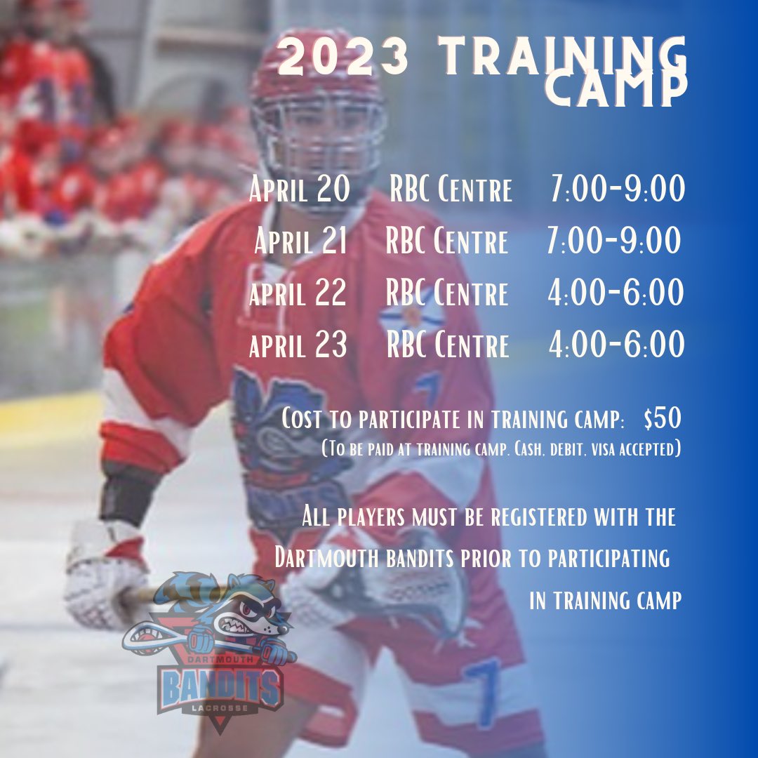 🥍Happening soon…Dartmouth Bandits Jr A training camp! 🥍  Come on out and show us what you’ve got! 🥍 All participants must be registered with the Bandits dblc.goalline.ca/register.php?r…
