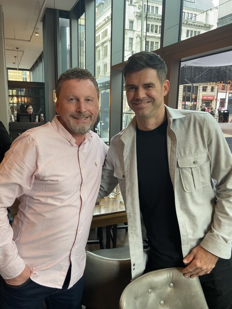 moll_brewer's tweet photo. Thanks to the lovely @jimmy9 for taking the time to have a picture with my cricket-mad dad! He was there at Jimmy’s first match for Lancashire. Fair to say Wayne is chuffed!  🏏🤣 https://t.co/OfcCL29I59