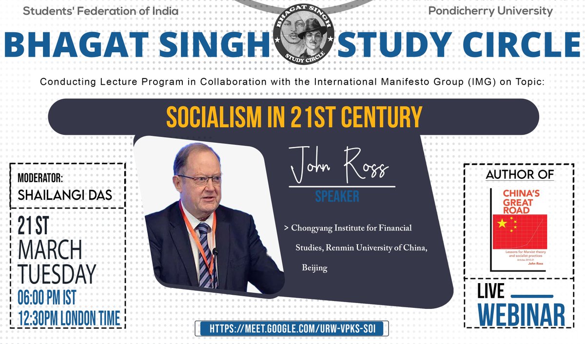 JohnRoss43's tweet photo. Excited to be doing an online talk on Tuesday 21 March at Pondicherry University in India on "Socialism in the 21st century". It is open to all as well as the students. 18:00 India time, 12:30 UK time, 07:30 EST. To join click on the Google meet link https://t.co/eIOLViR7zF https://t.co/UkUVK0AqkL