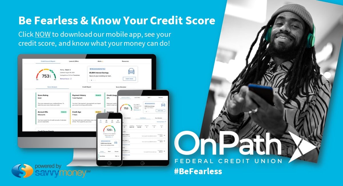 OnPathCU's tweet photo. Savvy Money is HERE! Click here https://t.co/pC3emFtv8B to download our mobile app, see your credit score, and know what your money can do. The power of your credit score is in the palm of your hand!
#savvymoney #mobilebanking #beonpath https://t.co/13w5GY4sXM