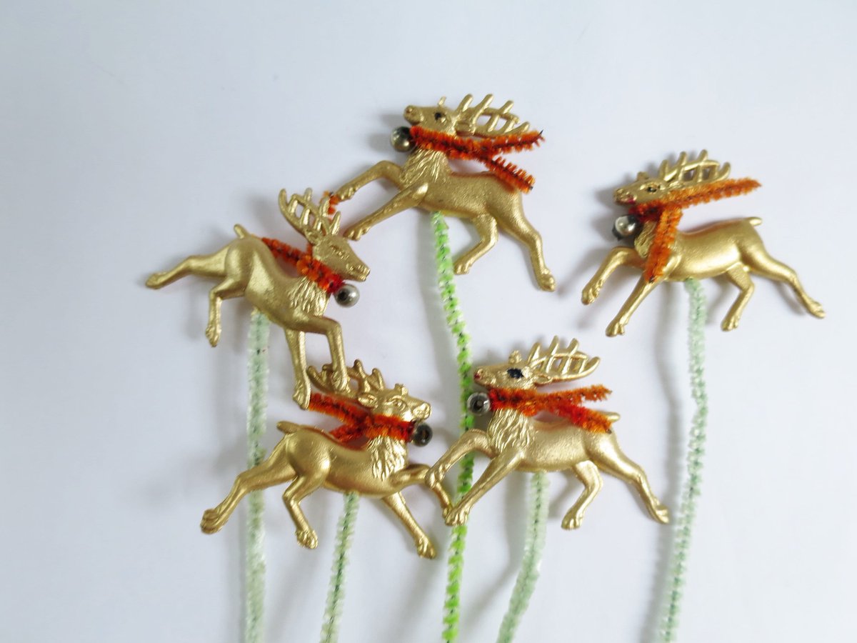 MCM Mini Gold Deer, Package Ties, Miniature Gold Reindeer Ornaments, Vintage Floral Picks Stems tuppu.net/c83782fc #TMTinsta #EtsyteamUnity #SMILEtt23 #Vintage4Sale #MiniatureGoldDeer