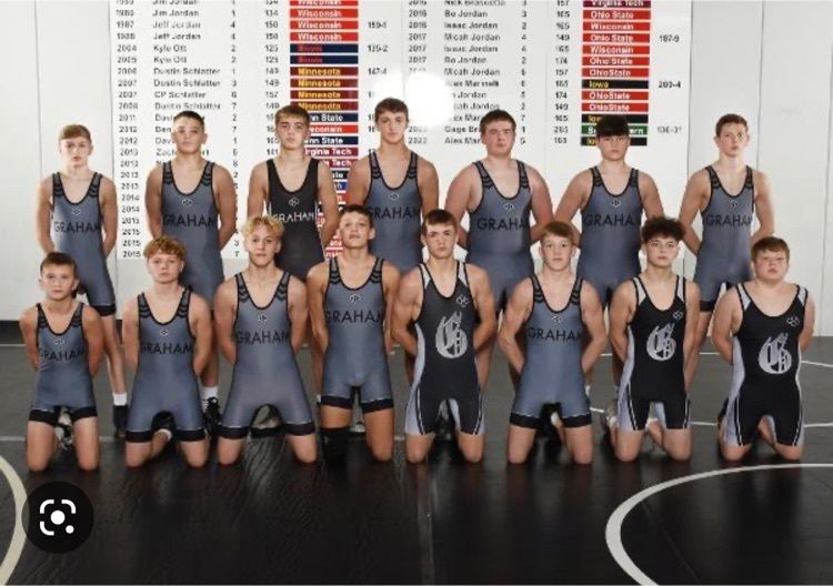GrahamMidSchool's tweet photo. Good luck to wrestlers competing in the Junior High State Championships this weekend: Cooper Breslin, Gabe Krieger, Ryan Angel, Blaine DeMarco, Jake Hoke, Cole Winemiller, Jonas Mannier, Kyler Crooks, Gage Stull, Danny Hoke, and Wyatt Kaemmerer. #GrahamPinWin https://t.co/q1yLS7FF55