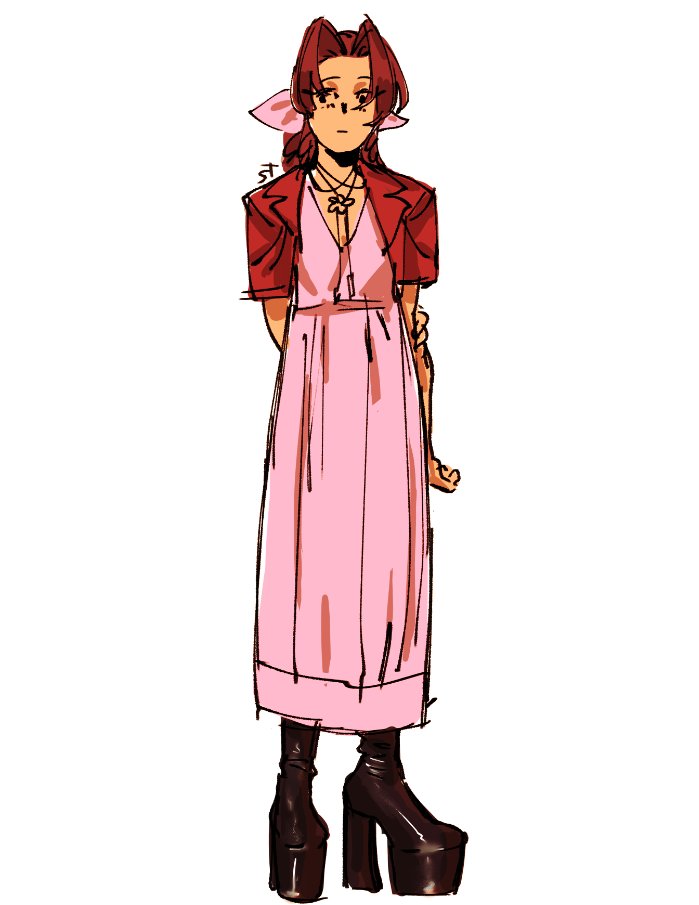 aerith gainsborough 1girl solo dress pink dress brown hair red jacket jacket  illustration images