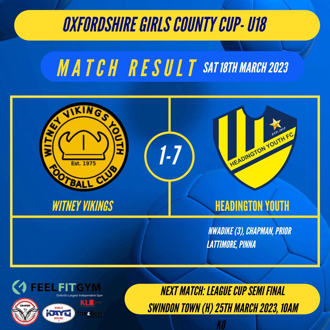 A fantastic win in the <a href="/OxfordshireFA/">Oxfordshire FA ⚽</a> County Cup semi final for the ladies. We look forward to meeting Chesterton in the final. Well done ladies 👏💛💙