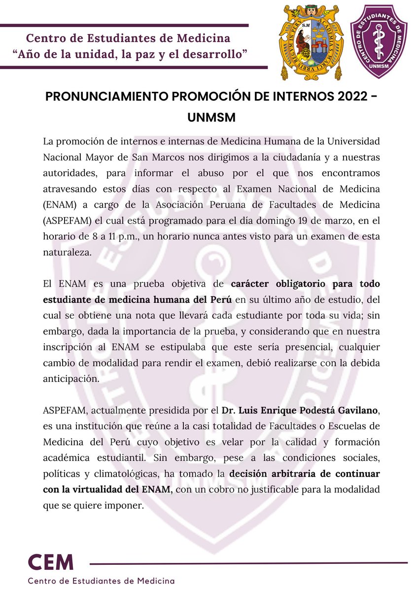 cem_unmsm's tweet photo. #ENAMPresencial
#Aplazamiento
#ASPEFAMIndiferente https://t.co/IxmWi3pO5g