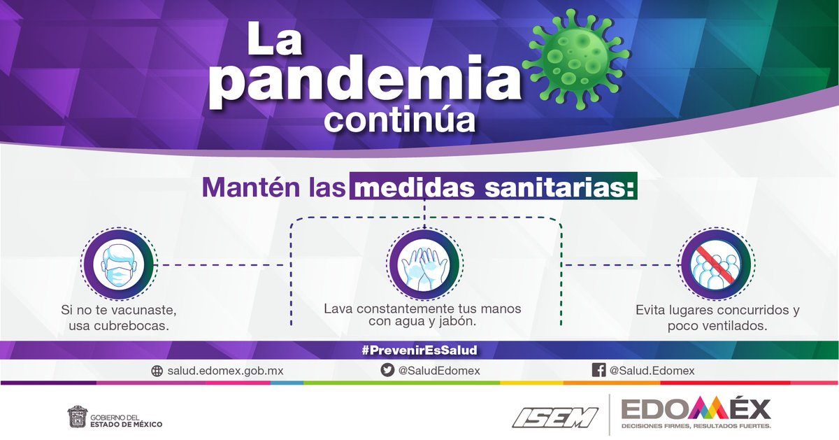 Sigue cuidando de ti y tu familia.
Mantén las medidas sanitarias ante #Covid_19mx #LaPandemiaContinúa.
#CuidemosTodosDeTodos 
#PrevenirEsSalud