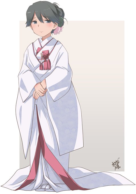 #再掲でも大歓迎なのでとにかく鳳翔さんを貼ってください 
ということで描いてみました。
白無垢鳳翔さん

こんな澄ました顔してますが、考えているのは晩ごはんの献立です。
#艦これ 