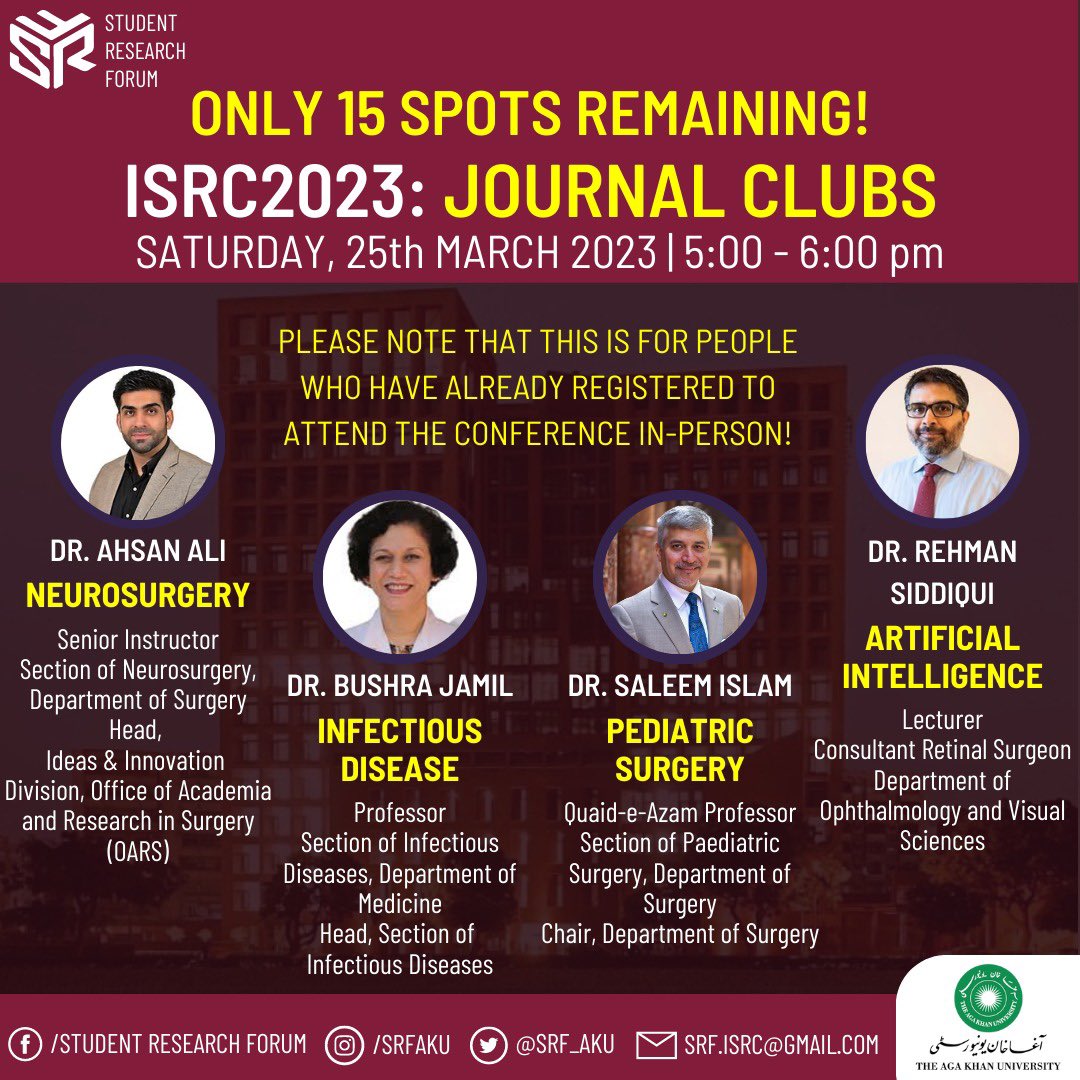 The journal clubs will be held on Saturday, 25th March from 5-6PM. 

We have 15 free slots available for each journal club and registrations will be on a first come basis. 

🚨 Please note that this is only for the people who have registered to attend the conference in-person!