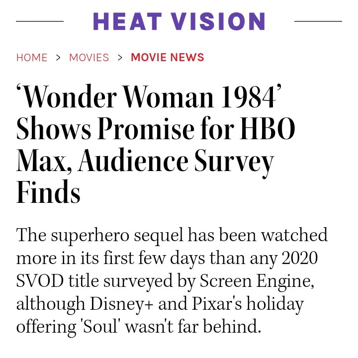 RT @MaxCobain04: According to Screen Engine Wonder Woman 1984 was the most streamed film released in 2020 https://t.co/6nBT1R6H0h