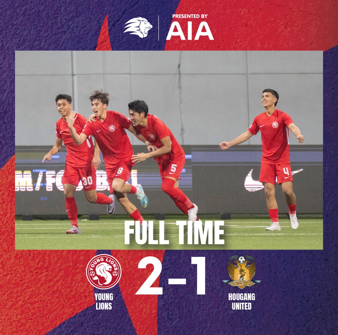 SGPremierLeague's tweet photo. FULL-TIME Young Lions 2-1 Hougang #SPL 

Young Lions record their first win of the season with a rousing second-half comeback against Hougang! #YGLHOU https://t.co/SePiiJQ22r