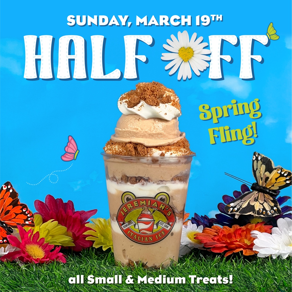 jeremiahsice's tweet photo. Jeremiah's annual Spring Fling event is TOMORROW! 🌷⛅️🍉

Grab your squad and HOP on over to enjoy HALF OFF all SMALL &amp; MEDIUM Treats! 
Plus if you check in on our APP you are automatically entered to win FREE ICE FOR A YEAR! https://t.co/4Qujaca6Rd