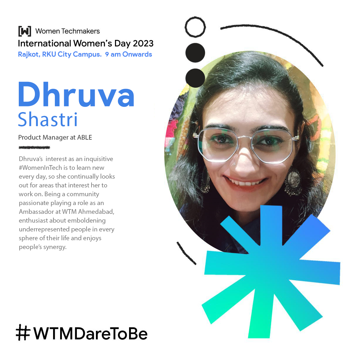 WTM_Rajkot's tweet photo. 🎤⭐️[Keynote Speaker #2] Dhruva Shastri 
Product Manager at ABLE

👉Book your FREE seat now: https://t.co/Re5RWmaRfp

#WTMDareToBe #WTMRajkot #GDGRajkot #WomenInTech #WTM https://t.co/fwE1fvPgGK