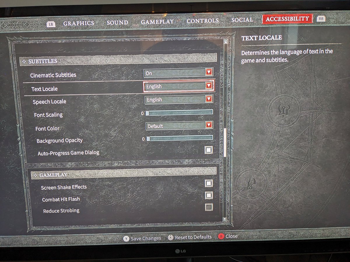 #DiabloIV fix for game starting up with text in Chinese. From character select: press start for menu. Choose second menu option for options menu. Go to rightmost tab. Scroll down until you see "English". The drop-down above "English" is where you'll want to make your change.