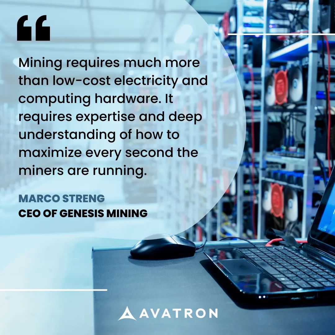 AvatronMining's tweet photo. "Low electricity and hardware won't cut it in mining. Expertise is key to maximize every second of the miners' run." - Marco Streng, CEO of Genesis Mining. #cryptomining #expertise #maximizingprofits #AvatronMining https://t.co/9QZuqIM53k