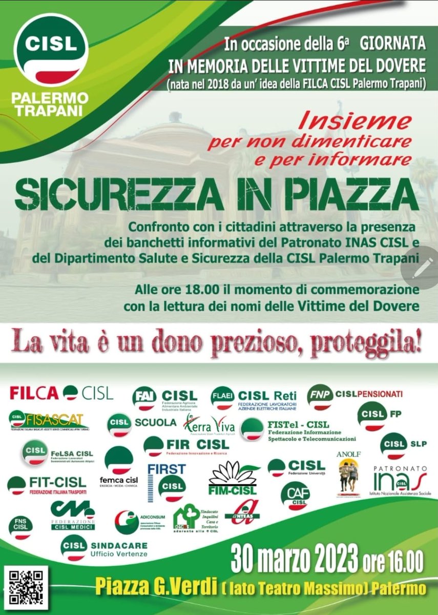 CislPaTp's tweet photo. #30marzo2023
Sarà intensa la Giornata delle Vittime del Dovere organizzata dalla Cisl Palermo Trapani. Vi aspettiamo giovedì 30 marzo dalle ore 16 a piazza Verdi a Palermo. Alle ore 18 il minuto di silenzio dedicato alle Vittime del Dovere. https://t.co/swUQV5SUk4