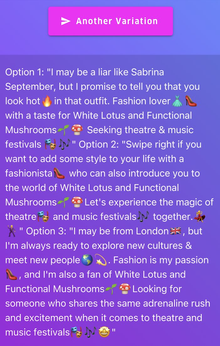 SparkAppAI in action writing three dating profile options for a fashionista with a love for functional mushrooms. #datingai @lucyroseannie