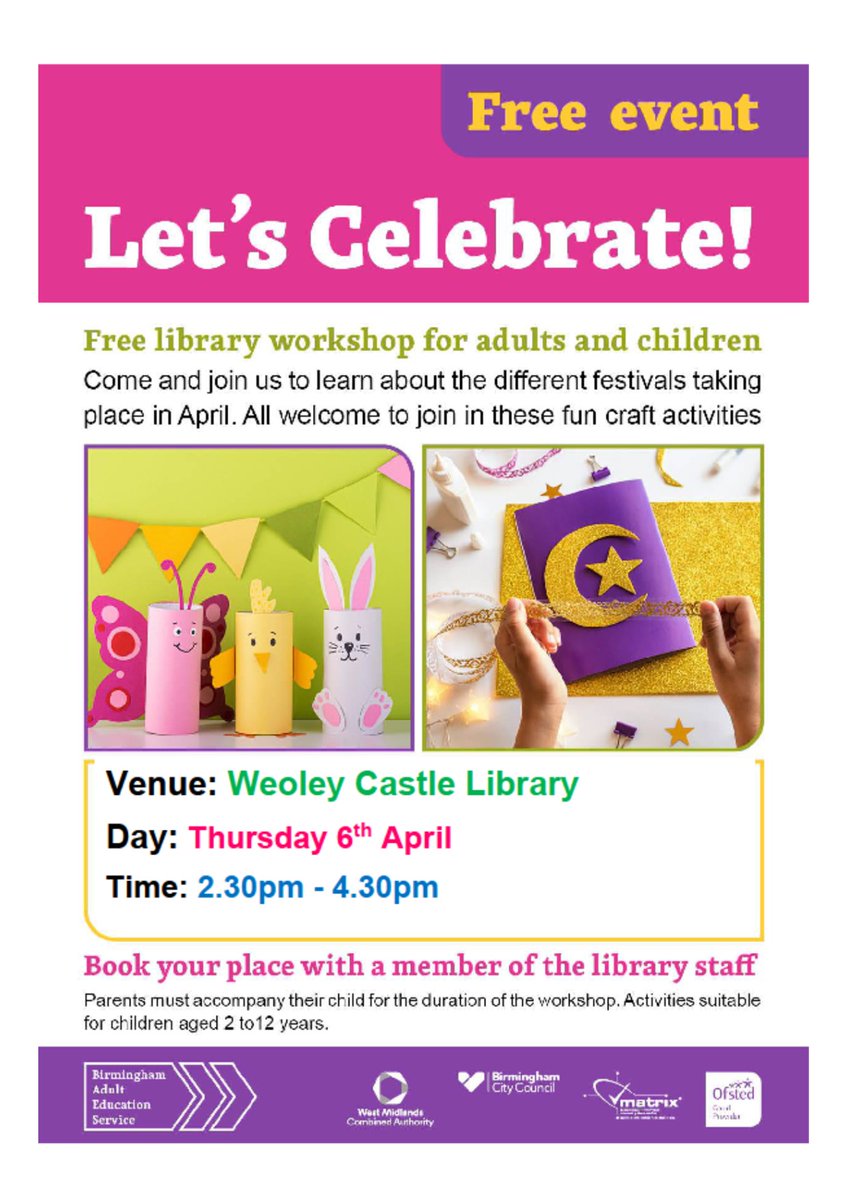 Free Family Craft Session on 6th April 2.30-4.30, places will be limited so please ring us on 01214641664 to book your place now!