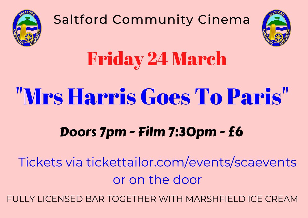 Just a reminder that this Friday 24 March - Saltford Hall -  "Mrs Harris Goes to Paris" (Film 7:30pm - Doors 6:45pm)
Official Trailer youtube.com/watch?v=iO9JcP…
Tickets are only £6 and can be obtained in advance via
tickettailor.com/events/scaeven… or pay on door
Bar and ice creams available