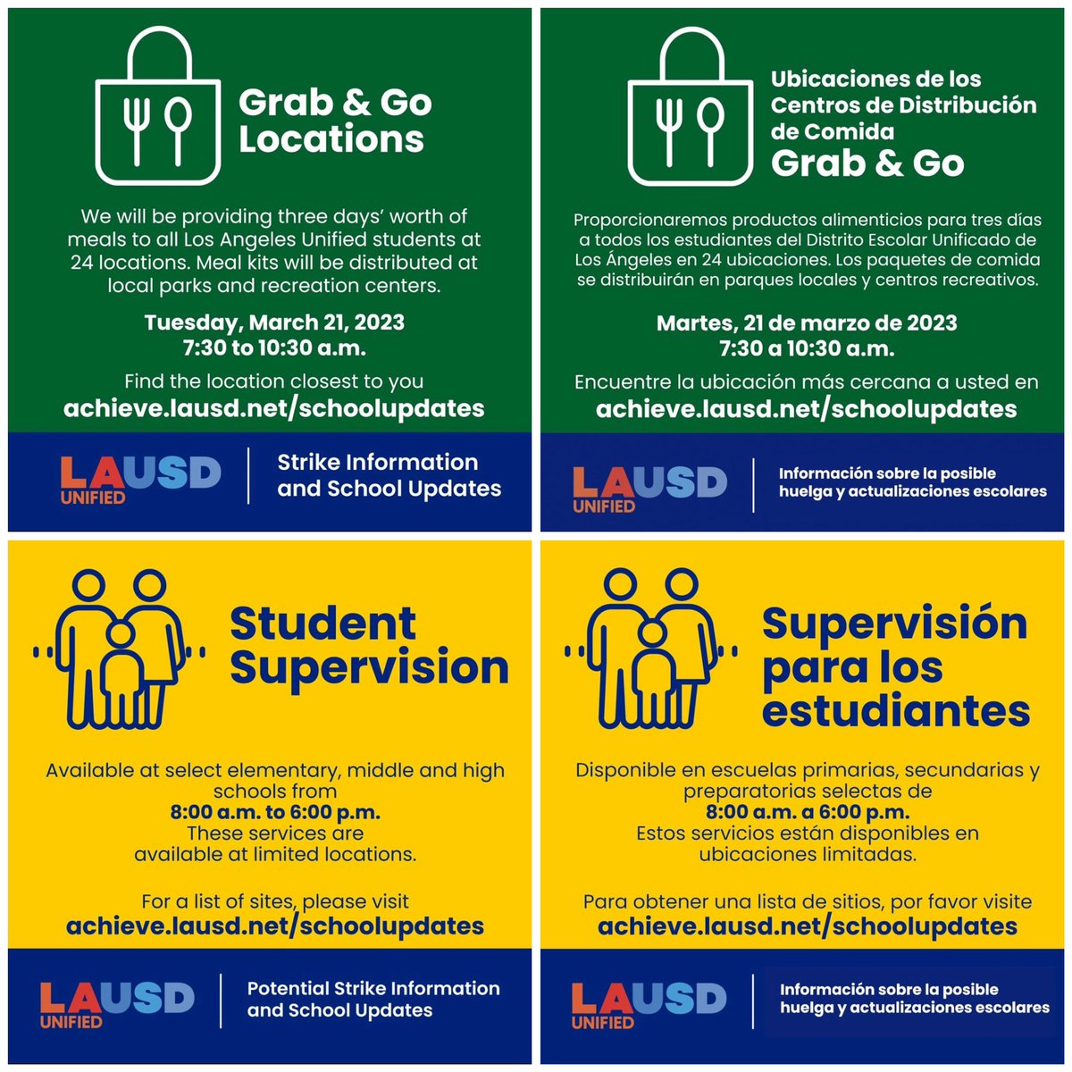 In the case of a potential work stoppage March 21-23, here are some District resources. Please continue to monitor the LAUSD website, our social media, school website, and Connect Eds for any further information.