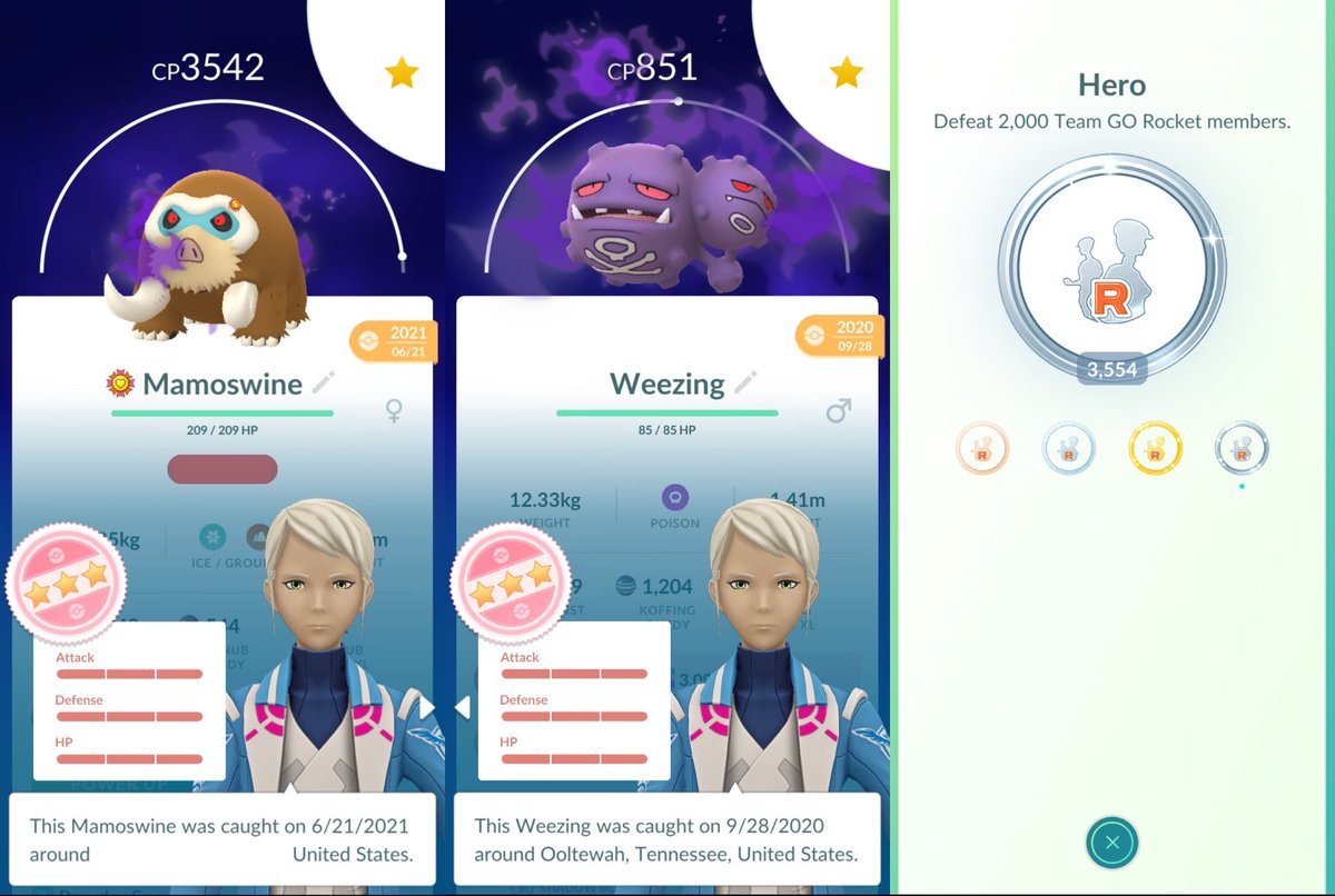 eganisms's tweet photo. @K33333S_ I've got two. Fortunately it didn't take me nearly as many grunt battles to get them!

The Mamoswine is a beast! It has a third attack (Powder Snow, Avalanche, Bulldoze) and is called upon regularly in raids and PvP. 

I'm not really sure what to do with the Weezing. 🤣🤣 https://t.co/WTjgHX379b
