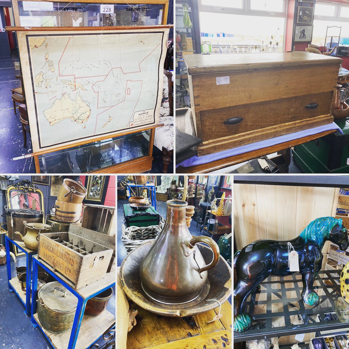 Unit 228 has a great selection of antique and vintage items. Here until 5pm 
#vintagemap #pinechest #copper #brass #advertisingcrates #ornatemirror #astraantiquescentre #hemswell #lincolnshire