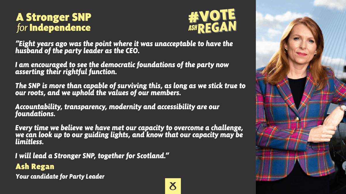 AshRegan_'s tweet photo. 📰 “Eight years ago was the point where it was unacceptable to have the husband of the party leader as the CEO.

I am encouraged to see the democratic foundations of the party now asserting their rightful function. 

The SNP is more than capable of surviving this, as long as we stick true to our roots, and we uphold the values of our members.

Accountability, transparency, modernity and accessibility are our foundations. 

Every time we believe we have met our capacity to overcome a challenge, we can look up to our guiding lights, and know that our capacity may be limitless.  

I will lead a Stronger SNP, together for #Scotland.”

– Ash Regan MSP

#voteAshRegan # 1 for Leader of @theSNP.

🔗 https://t.co/NzqDWXW0Ug