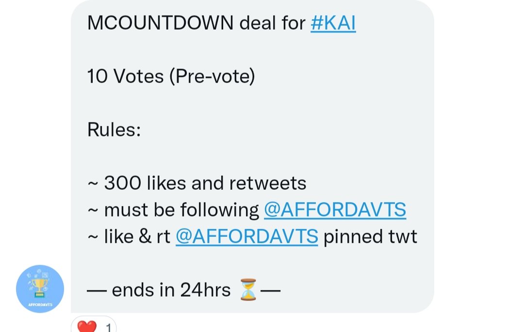AlienEXO_L9's tweet photo. Attention EXOLs ‼️‼️‼️
Mcontdown deal for #KAI #EXO
🏆 10 vts (pre-vote)

~ 300 likes and rts
~ must follow @AFFORDAVTS 
~ like and rt @AFFORDAVTS pinned twt

Ends in 24 hrs 📢📢📢

Let's complete this fast for our Nini bear Eris 🙏🏻❤️‍🔥 fighting 💪🏻❤️‍🔥 @weareoneEXO #KAI_Rover https://t.co/Oxcx4TiC5s