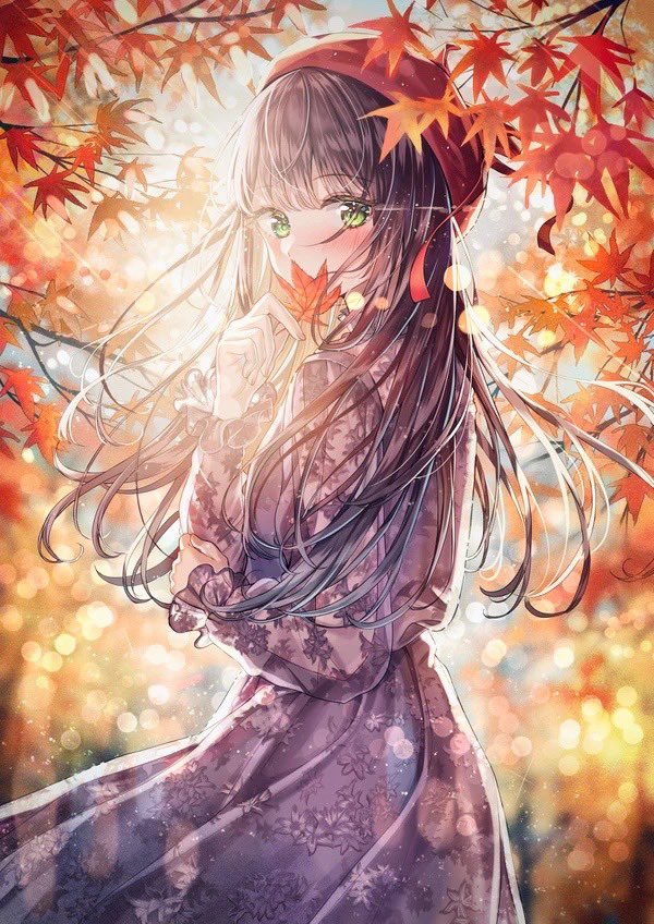 1girl solo green eyes hat long hair looking at viewer autumn leaves  illustration images