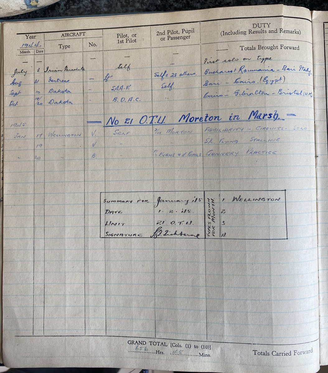 From my Dads RAF pilot logbook, His first solo flight on an Irwin Parachute and details of his repatriation from Romania