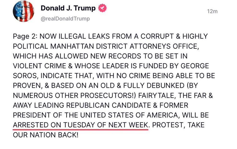 🐯🗣️高度に腐敗し政治的なマンハッタン地区検事局から違法なリークが行われている。 その指導者はジョージ・ソロソロから資金援助を受けている。 共和党の最有力候補であり前アメリカ合衆国の大統領は来週の火曜日に逮捕される予定らしいw 抵抗し我々の国を取り戻します。🐸
