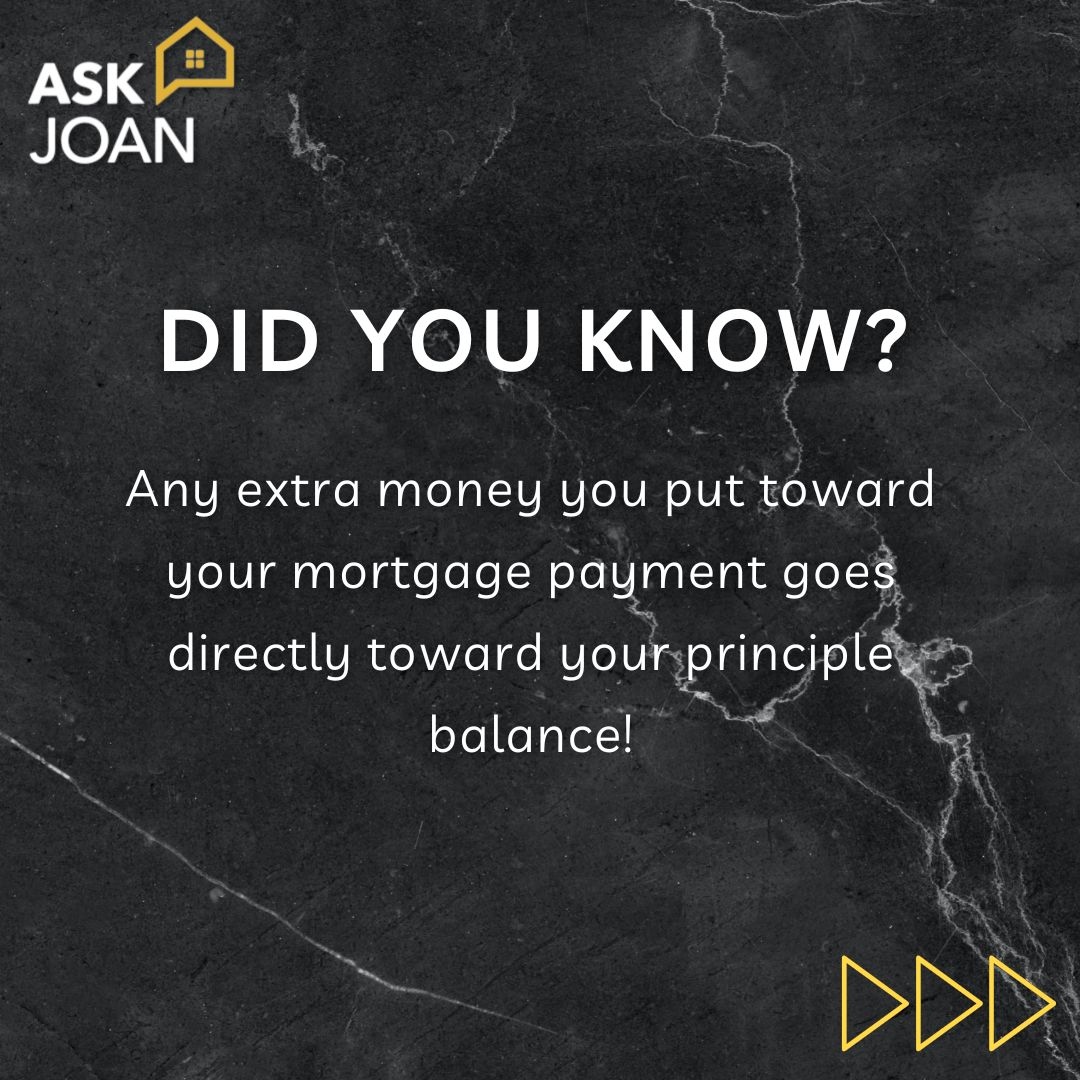 askjoan_'s tweet photo. Did you know that any extra money you put toward your mortgage payment goes directly toward your principle balance? 

Consider making at least one extra payment a year as this will reduce the number of mortgage payments you will have to make over time! 

Have questions? Ask Jo... https://t.co/DUe6MAfHeo