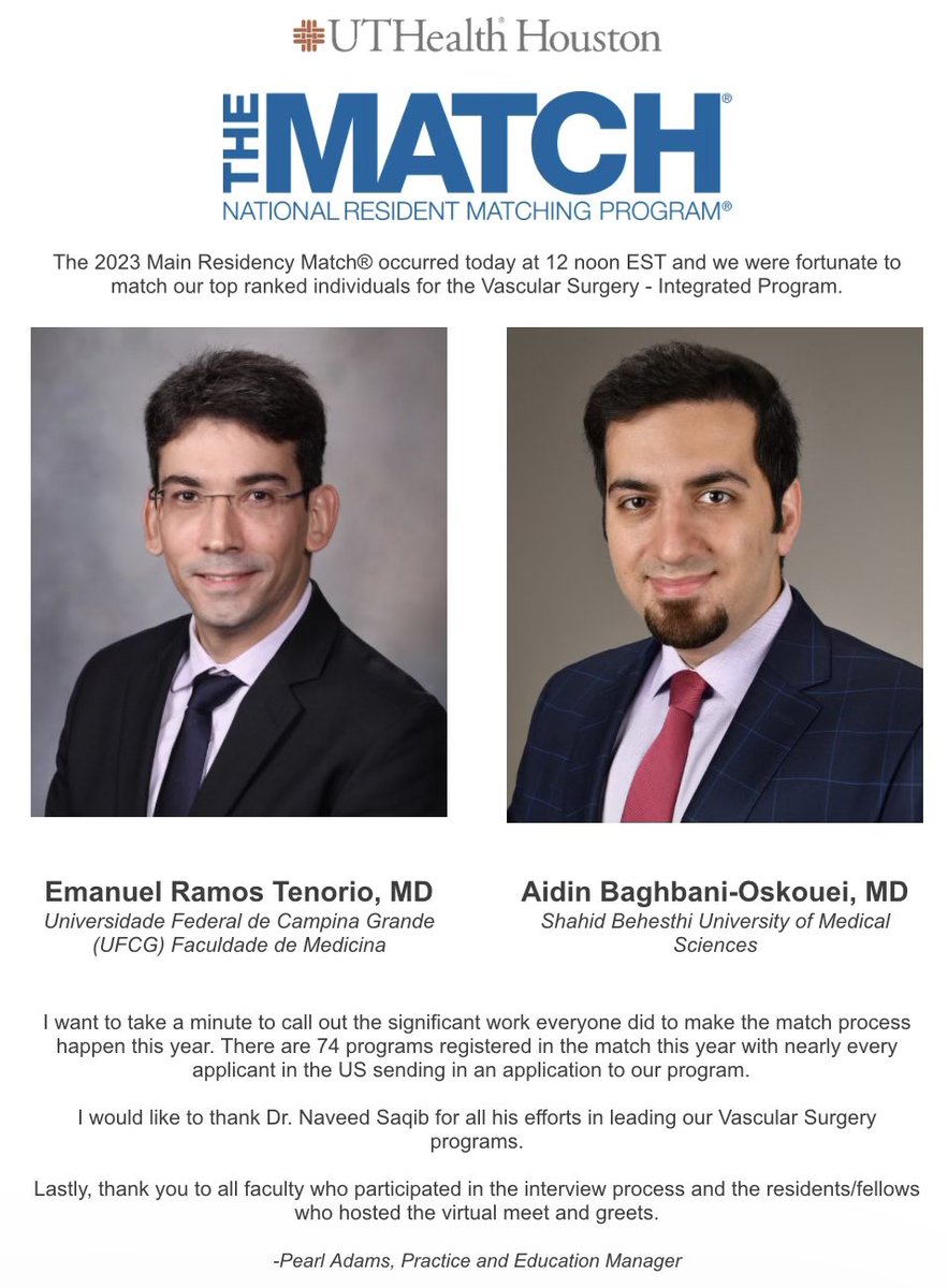 It’s a match! So pleased to have Emanuel Ramos Tenorio, MD and Aidin Baghbani-Oskouei, MD match with our Vascular Surgery - Integrated Program. 🤜🤜 Excited to see the great things from these two in the future. #Match2023 #matchday #mcgovernmatchday