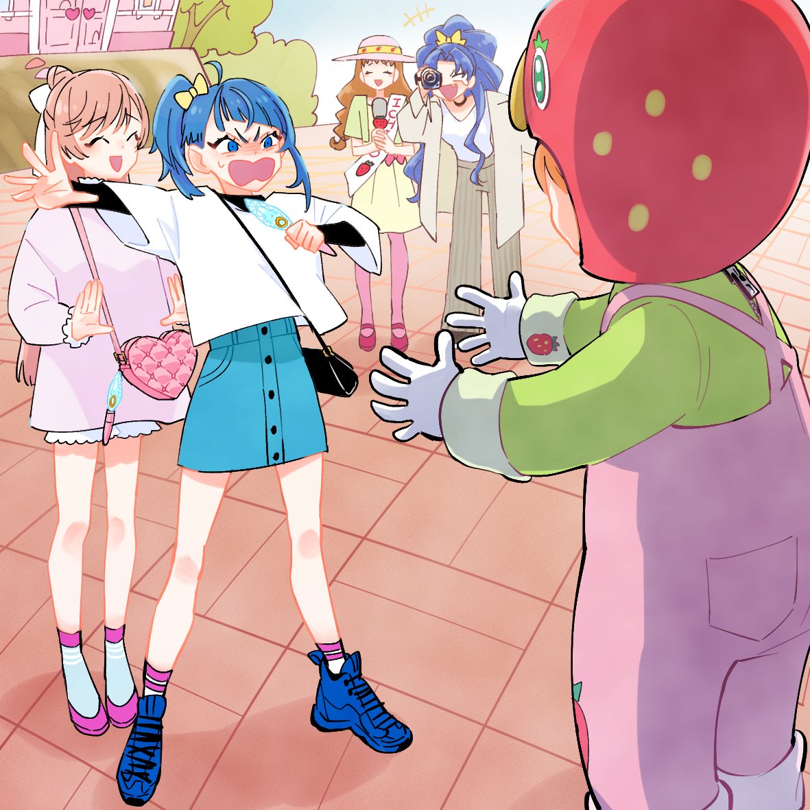 multiple girls blue hair 4girls skirt bag hat shirt  illustration images