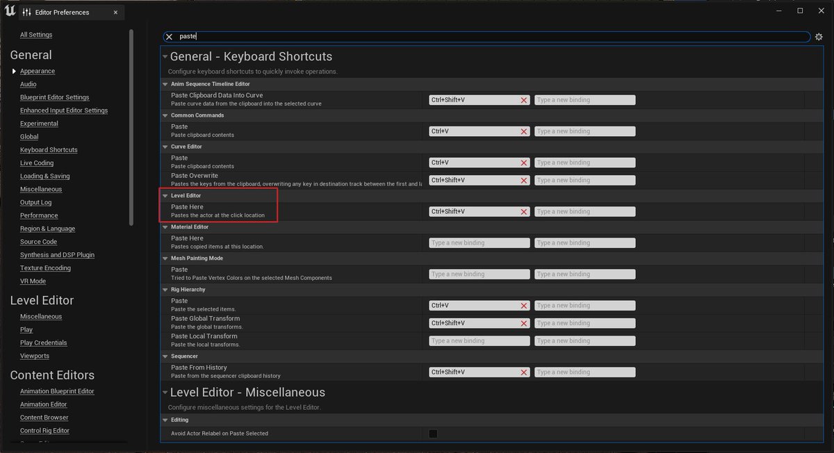 maartenjhof's tweet image. @Dinusty pointed out to me that you can paste on where you last clicked in Unreal Engine. This is super useful! To enable it, simply search for “paste” in the editor settings and make a shortcut for “paste here”. #UE5 #UnrealEngine5