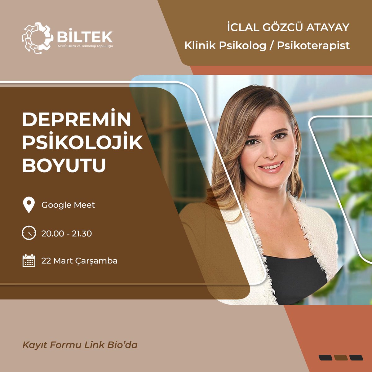 📢BİLTEK İle Depremin Yaralarını Sarıyoruz

İclal Gözcü Atayay ile depremin psikolojimiz üzerindeki olumsuz etkileri hakkında konuşacağımız ve üyelerimizden gelen soruları cevaplandıracağımız etkinliğimize sizleri de bekleriz.

Katılım formu: forms.gle/pBxDgKcwwVWgSE…