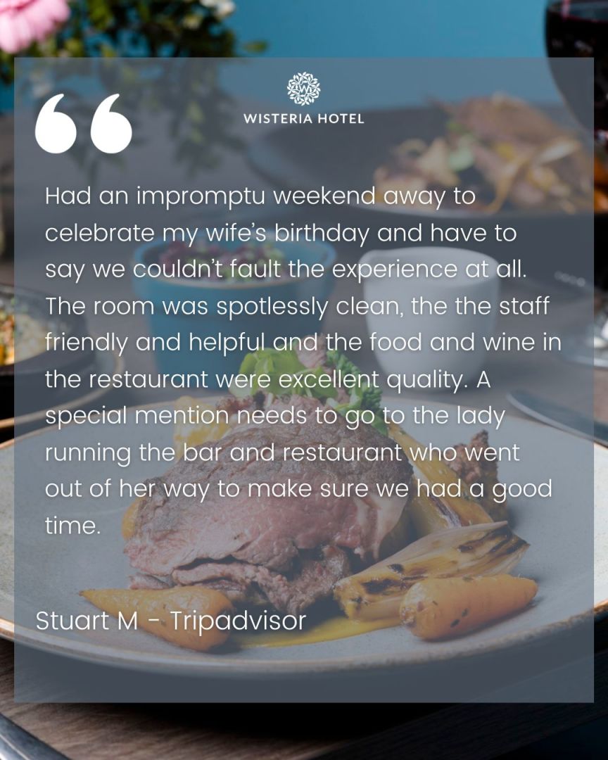 Thank you so much for your wonderful review! It means a lot to us that you enjoyed your stay and we look forward to welcoming you back soon! 😍

Enquiries ⤵️
01572 722844
enquiries@wisteriahotel.co.uk