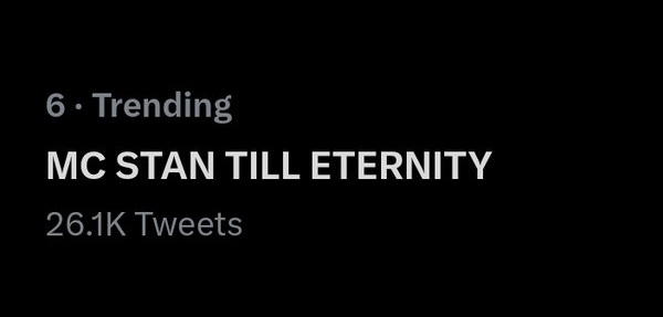 ItsTeamMCStan's tweet photo. MC STAN TILL ETERNITY Is Trending
With 26.1K tweets on No 6 in India 

RT if you are participating in Trend
Love and support for #MCStan https://t.co/FZNh2rpUVg