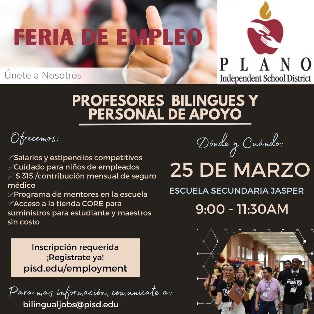 Teachers and staff: Come see us on March 25th!  Plano ISD will help you maximize your professional goals! #YourFutureStartsNow #Teammates <a href="/Plano_Schools/">Plano ISD</a> <a href="/MAS_PlanoISD/">Multilingual Academic Services PISD</a> <a href="/PISD_BILrecruit/">Plano ISD Bilingual Recruitment</a> <a href="/PISDFineArts/">Plano ISD Fine Arts</a> <a href="/PISDeas/">PISD EAS</a> <a href="/PISDPTACouncil/">PlanoISD PTA Council</a> <a href="/tnolanwilliams/">Theresa N Williams</a> <a href="/SelendaAnderson/">Selenda Freeman, Ed.D</a> <a href="/LariLiner/">Lariza Liner</a> <a href="/R_H_Steele/">Ryan Steele</a>