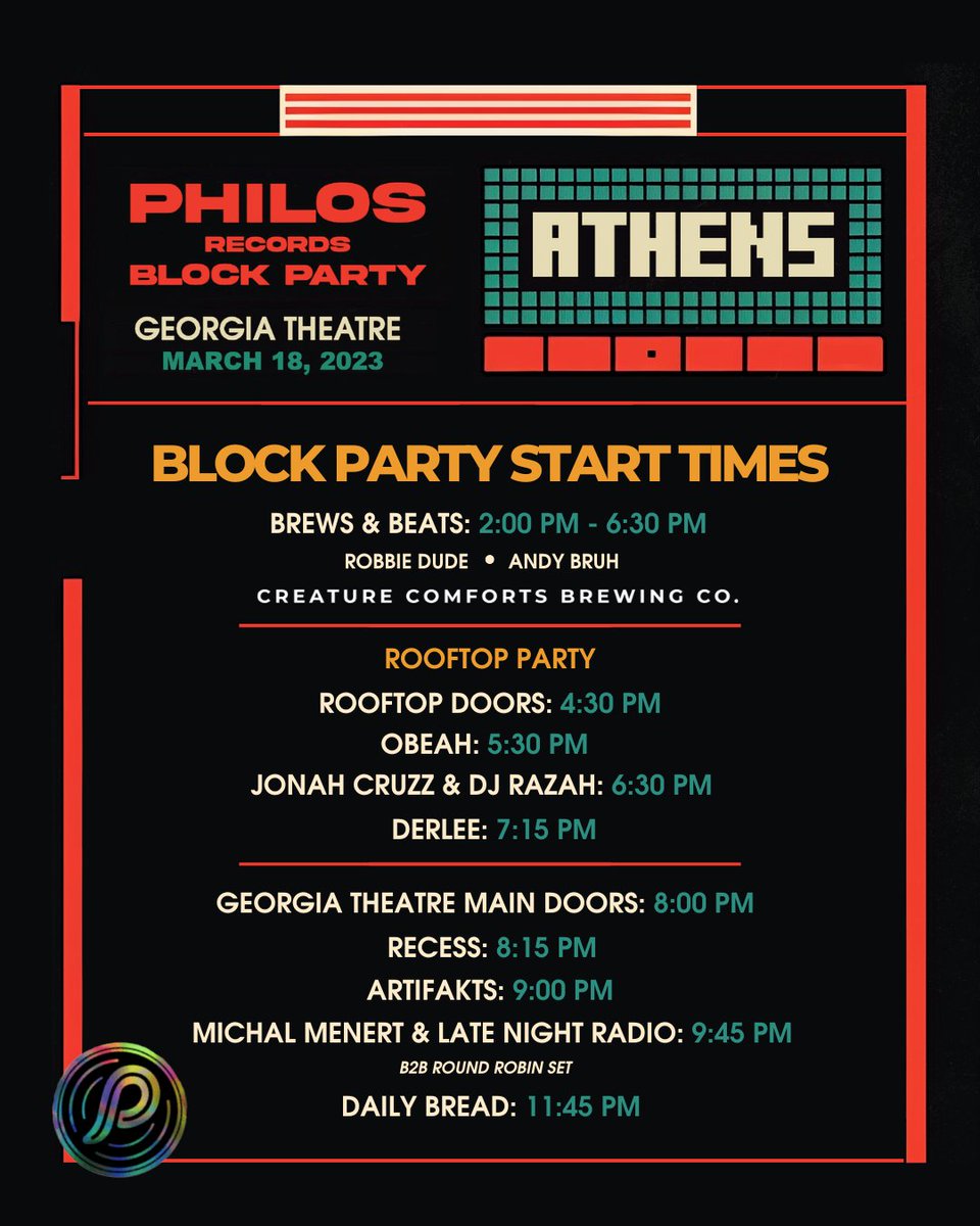 Athens Block Party set times at @GaTheatre 🚀 see you soon!