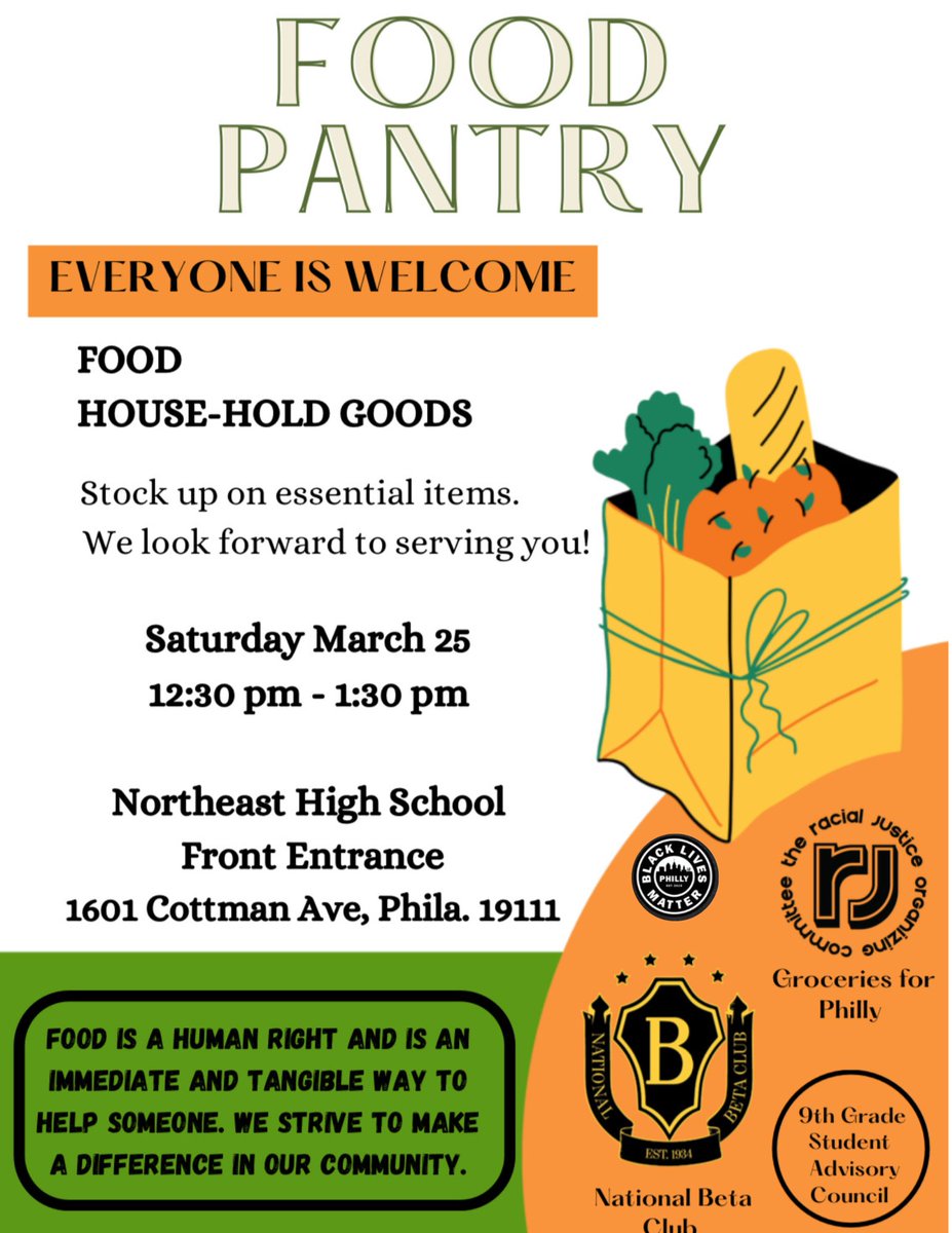 We're proud to partner with <a href="/NEHS1/">Northeast HS</a>'s Beta Club and 9th Grade Student Advisory Council for this event: food pantry &amp; household items available Saturday March 25th. 12:30-1:30 PM. 1601 Cottman Ave. Northeast HS. #PhlEd