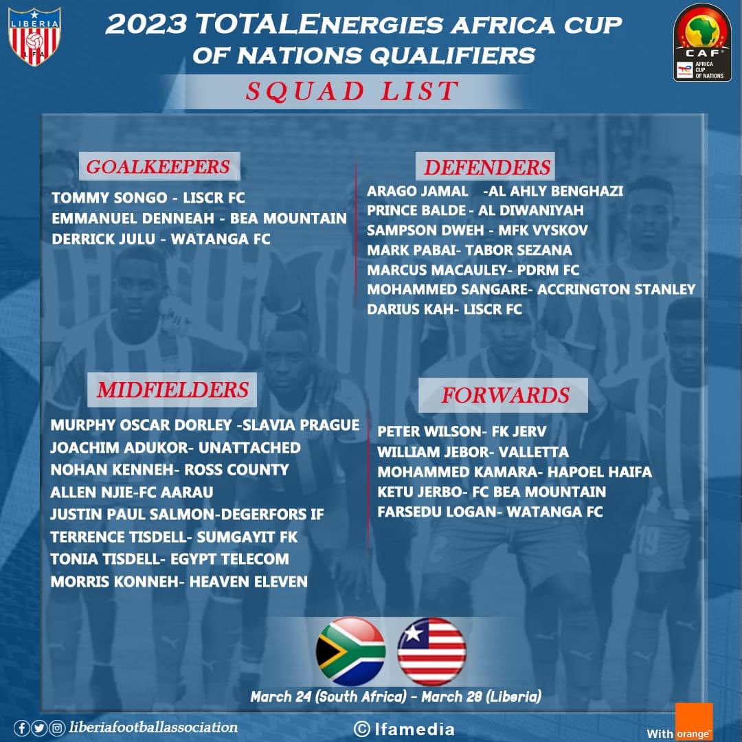 Lonestar head coach Ansu Keita announced his final 23-man squad for the upcoming African Cup of Nations qualifier against South Africa 🇿🇦