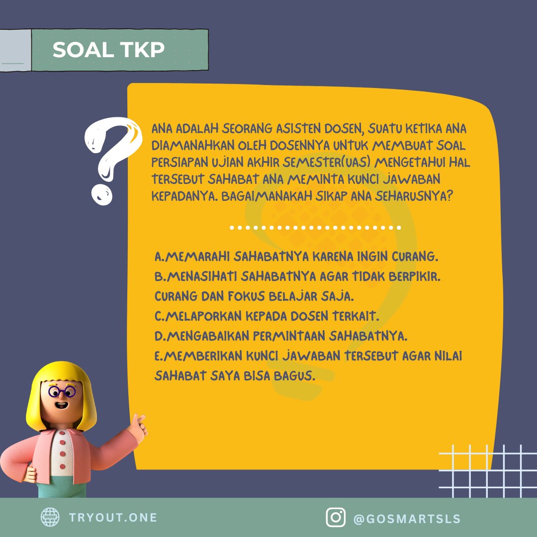 immermanalu's tweet photo. Soal #tkp
Coba kak, apa ini kira2 jawabannya?
.
.
Ayo latihan dan tryout terupdate, cek kak di https://t.co/5pW6LxaLKG
Semangat!

#soal #tryout #skdcpns #cpns #cpns2023 #seleksicpns #tryoutcpns #soalskdcpns https://t.co/wuEgsqYrJE