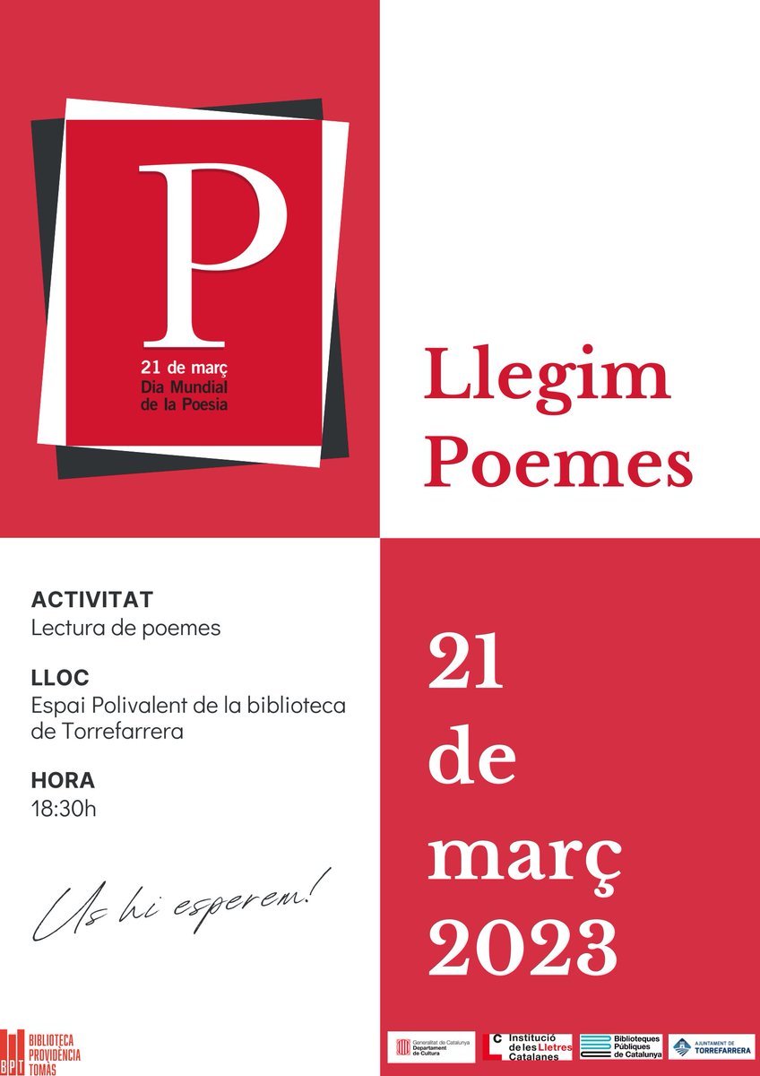 Dimarts dia 21 de març celebrem el Dia Mundial de la Poesia! 

Serà una festassa en què tan adults com infants donarem la benvinguda a la primavera recitant poemes. Tothom hi està convidat!