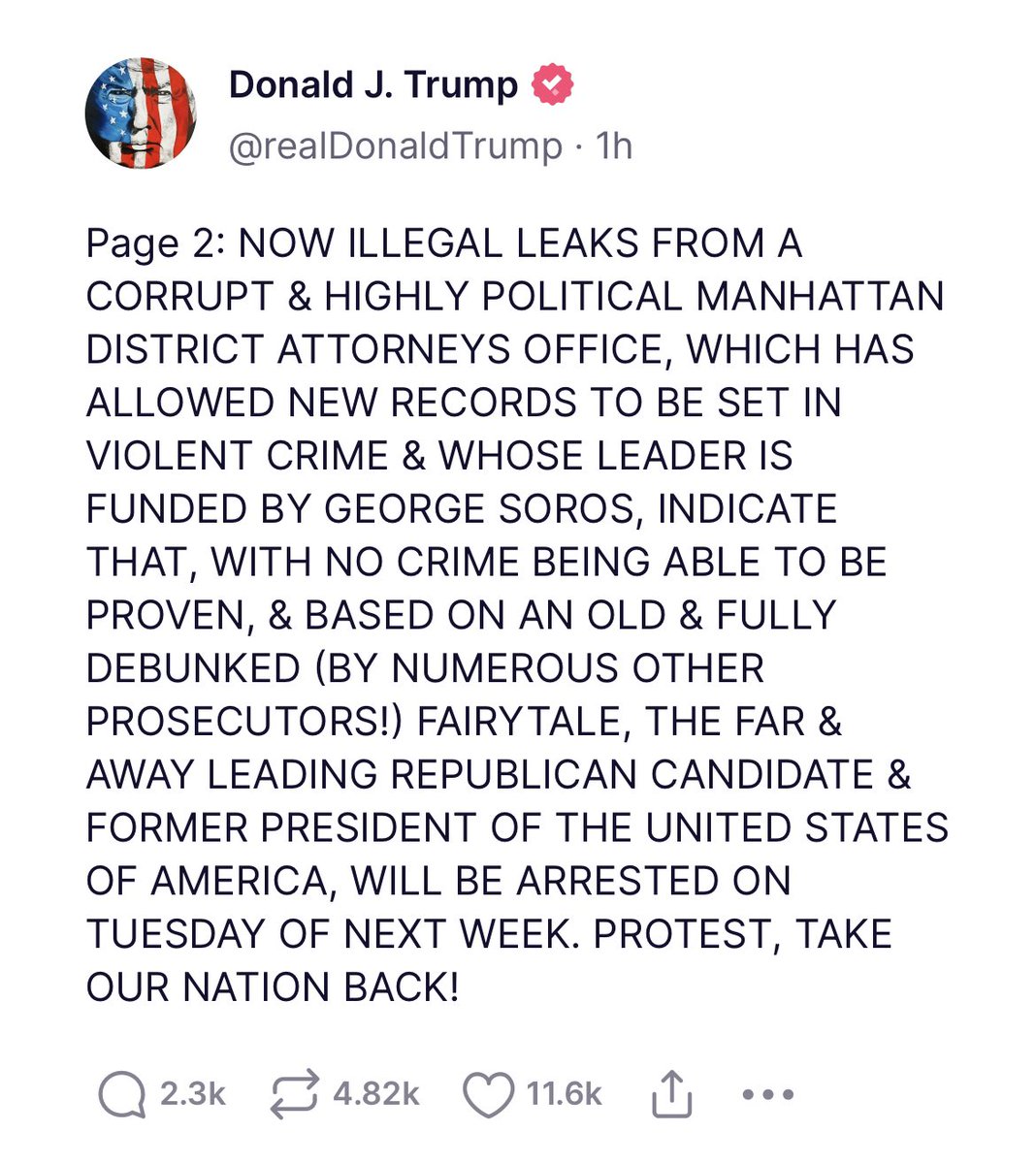 Katie___Simpson's tweet photo. On his personal social media platform, former president Donald Trump says he expects to be arrested on Tuesday. He calls for protests. https://t.co/2hkZxUa749