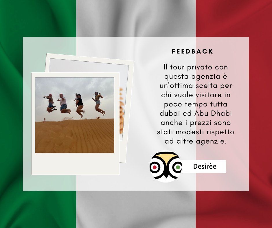 DGHolidays's tweet photo. A fresh guest feedback comes directly from Italy .. and in Italian 🇮🇹
Book your adventures with us for an unforgettable experience in UAE. Link in bio
#VisitDubai #visitabudhabi https://t.co/IbhvRkLfCk