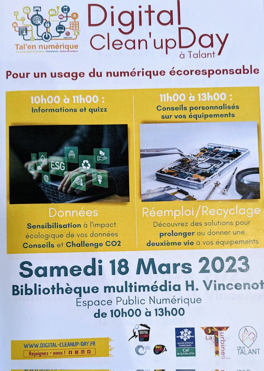 Nicolas_Mar1's tweet photo. C'est le jour du digital clean up à Talant ! 🧹💻🧽
 2 ateliers ont été organisés pour sensibiliser les habitants à l'impact écologique en CO2 de nos actions numériques. Continuons à sensibiliser notre entourage et prolonger la vie de nos équipements ! #digitalcleanupday #Talant https://t.co/eOz4Q31DB7